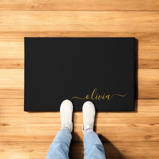 Felpudo Black Gold Modern Script Girly Monograma Nombre (Subido por el creador)