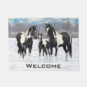 Felpudo Black Pinto Quarter Horse Pintando En Nieve