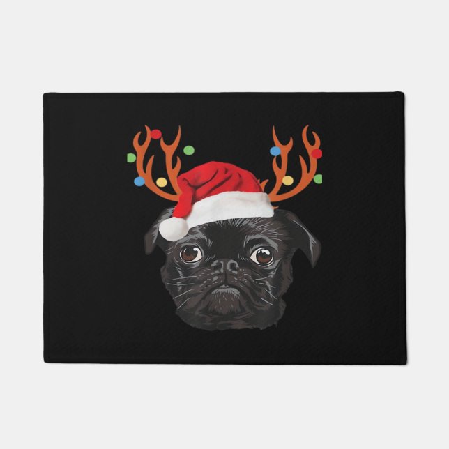 Felpudo Black Pug Santa Christmas Reindeer Christmas Light (Anverso)
