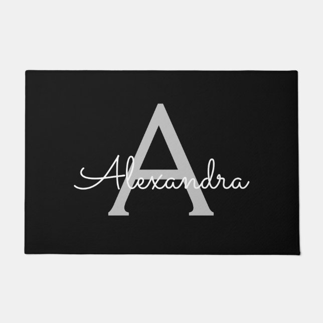 Felpudo Black Silver Modern Script Girly Monograma Nombre (Anverso)