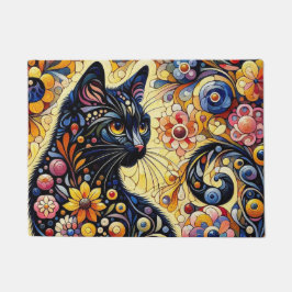 Felpudo Black Whimsical Cat Resumen Arte de pintura floral