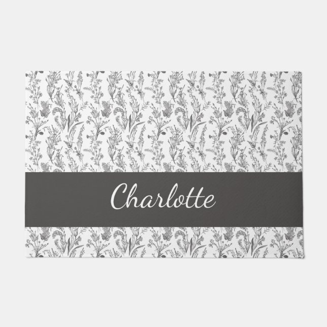 Felpudo Black White Toile Floral Custom Name (Anverso)