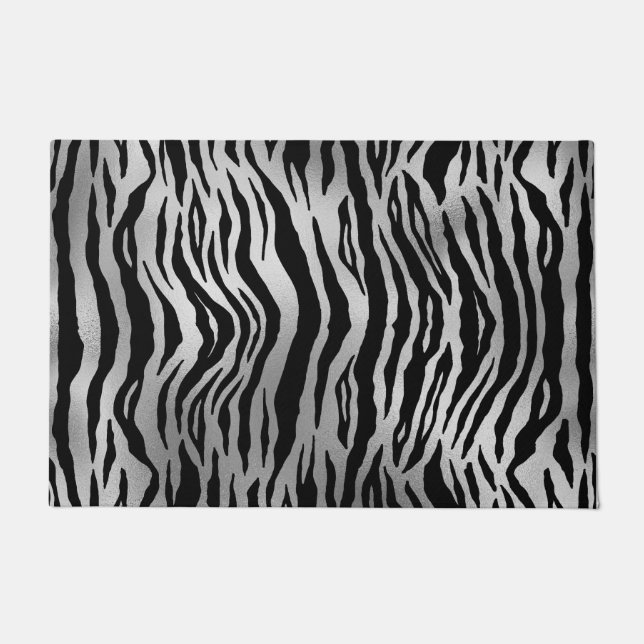 Felpudo Black Zebra Stripes Animal Print Silver Luxor (Anverso)