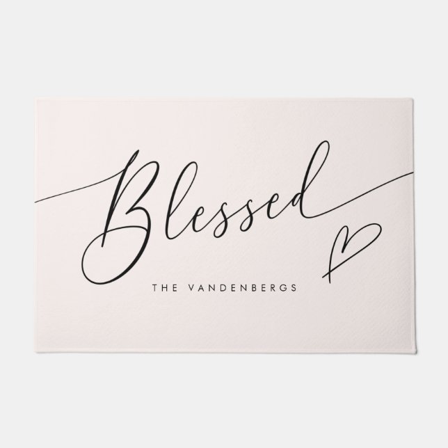 Felpudo Blessed Blush Pink Heart Typography (Anverso)
