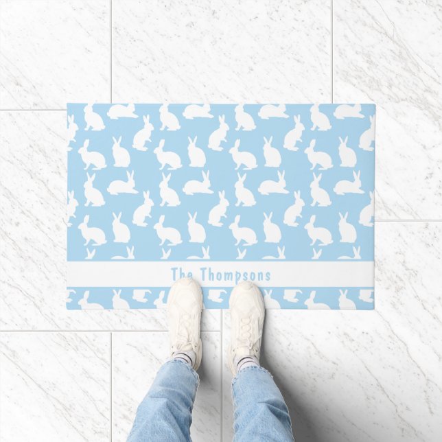 Felpudo Blue And White Pattern Of Bunnies With A Name (Interior)