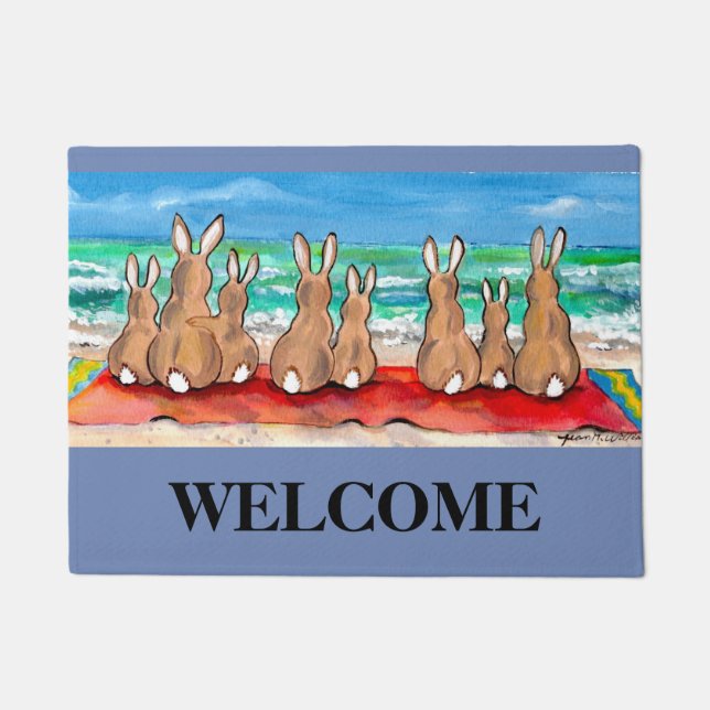Felpudo Blue Beach House Rabbit Welcome Mat Personalizado (Anverso)