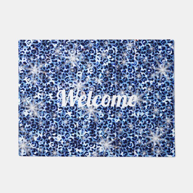 Felpudo Blue Cheetah Sparkles Welcome Doormat (Anverso)