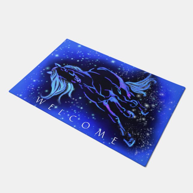 Felpudo Blue Doormat Horse Running Starry Night Welcome  (Angular)