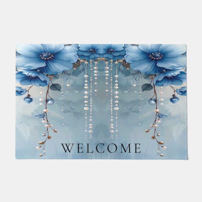 Felpudo Blue Flowers and Pearls Doormat (Anverso)