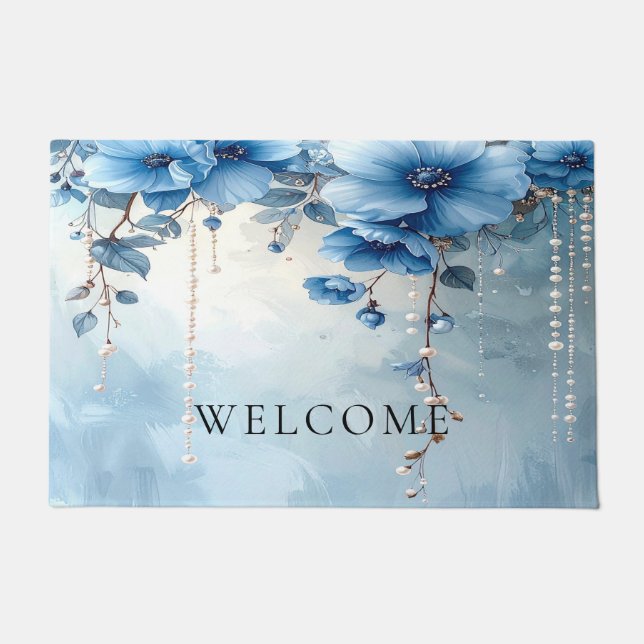 Felpudo Blue Flowers and Pearls Doormat (Anverso)