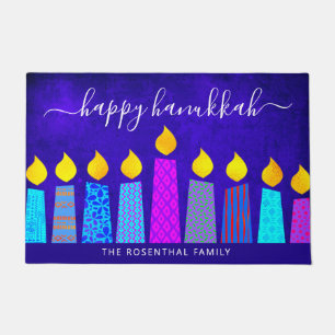 Felpudo Blue Happy Hanukkah Script Moderno Nombre de la Ve