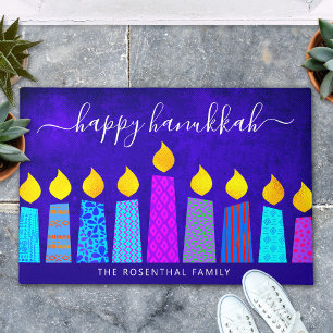 Felpudo Blue Happy Hanukkah Script Moderno Nombre de la Ve