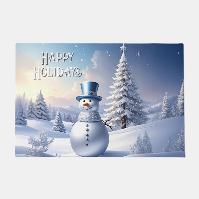 Felpudo Blue Hat Snowman Christmas Tree Holiday Doormat (Anverso)