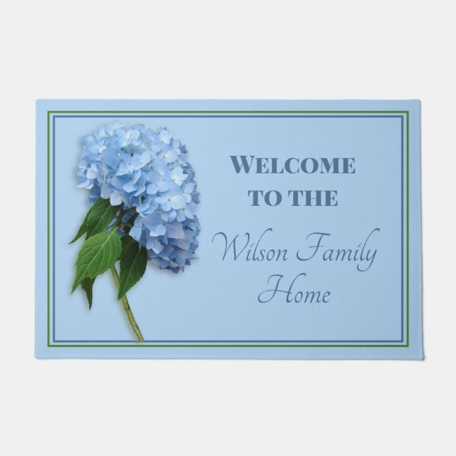 Felpudo Blue Hydrangea Welcome Family Name Doormat (Anverso)