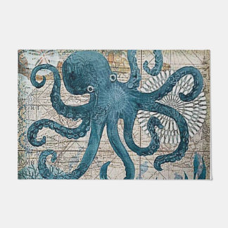 Felpudo Blue Octopus Vintage Map Compass Bath Mat