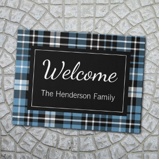 Felpudo Blue Plaid Welcome Monogramed Family Name Doorma