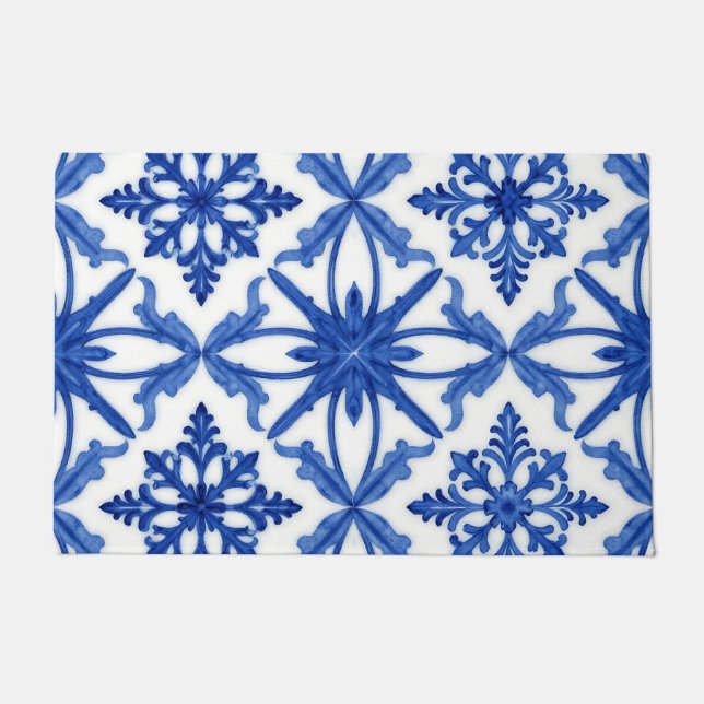 Felpudo Blue White Azulejo Tile Floral Pattern (Anverso)