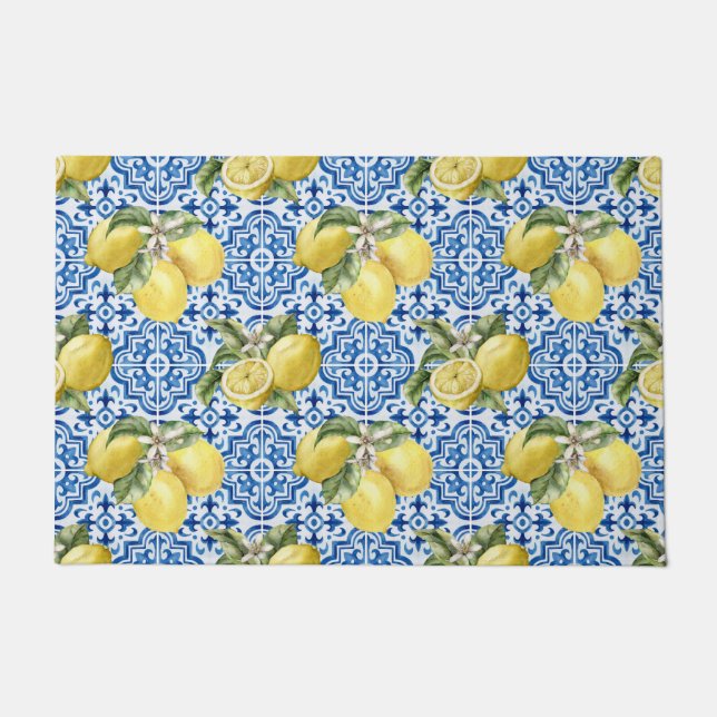 Felpudo Blue White Lemon Tile Mediterranean Pattern (Anverso)