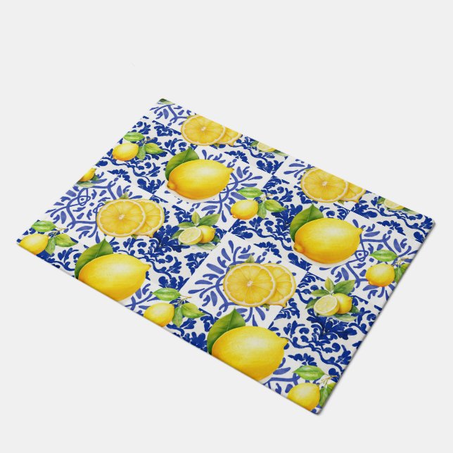 Felpudo Blue White Lemon Tile Pattern Mediterranean Citrus (Angular)