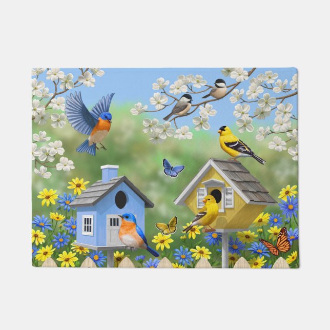 Felpudo Bluebirds Goldfinches Birdhouses Flower Garden (Anverso)