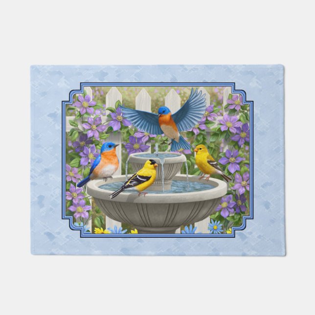 Felpudo Bluebirds Goldfinches Flower Garden Fuente Azul (Anverso)