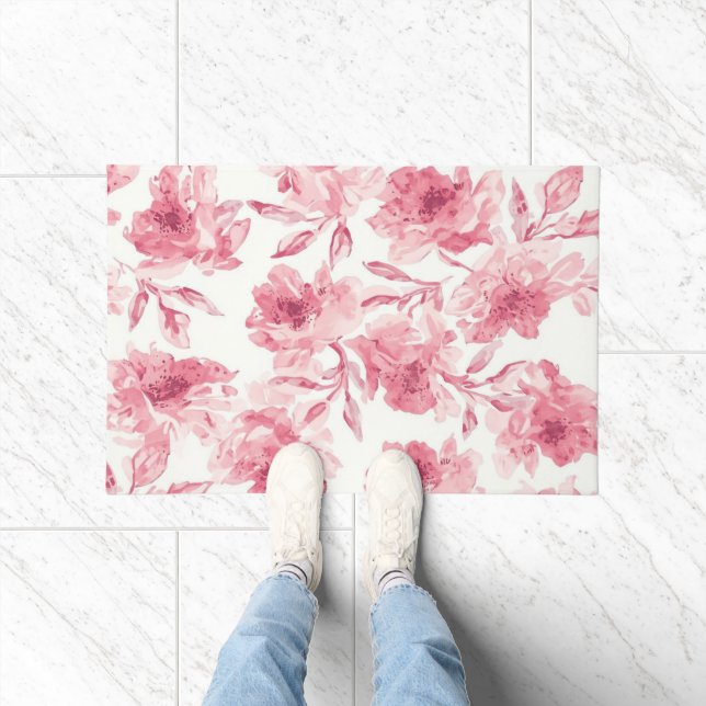 Felpudo Blush Pink Blossoms Watercolor Painted Airy Floral (Interior)