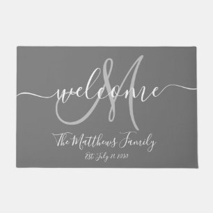 Felpudo Boda de nombre de script de monograma gris elegant
