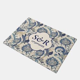 Felpudo Boda floral Monograma Blue & Cream Damask