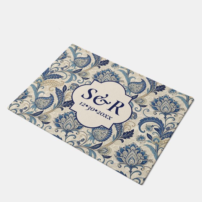 Felpudo Boda floral Monograma Blue & Cream Damask (Angular)