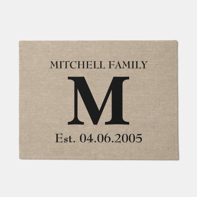 Felpudo Boda inicial rústico de la falsa arpillera de lino (Anverso)