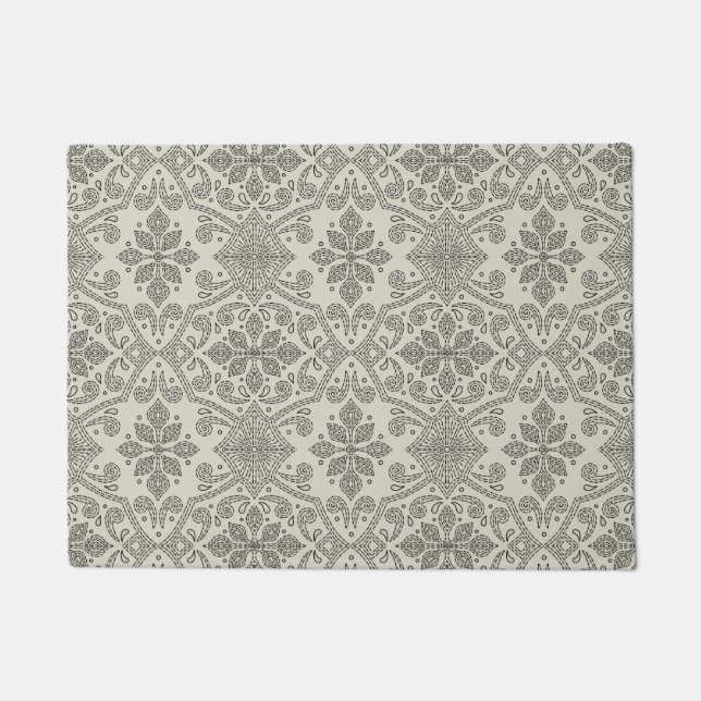 Felpudo Boho Floral Damask Line Art, Black on Beige (Anverso)