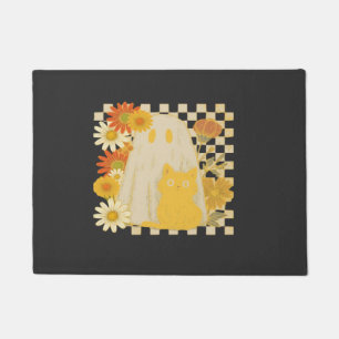 Felpudo Boho Floral Otoño Fantasma y Gato Negro Halloween