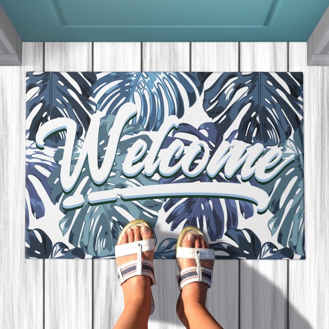 Felpudo Boho Tropical Bienvenida las hojas de la selva azu (In Situ. See my store for matching homewares.)