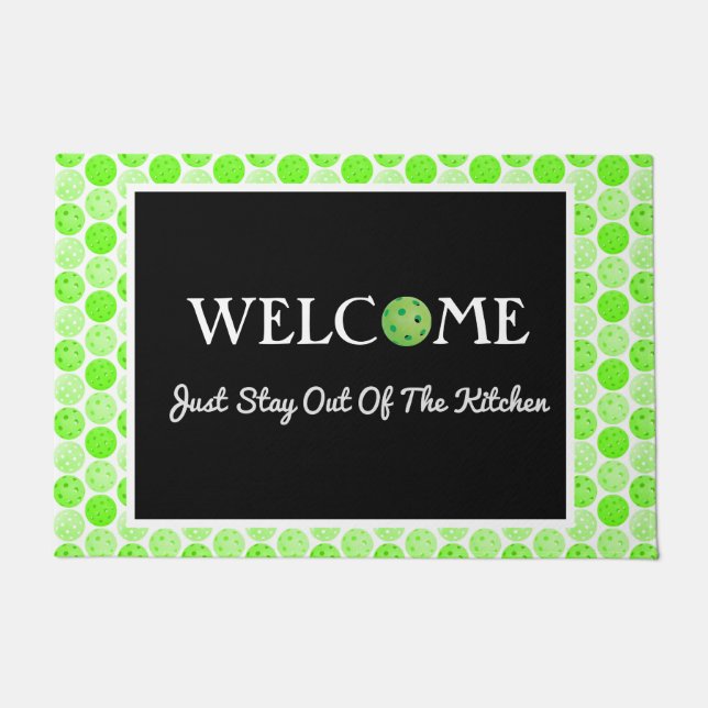 Felpudo Bolas de bolas verdes, mantente fuera de la cocina (Anverso)