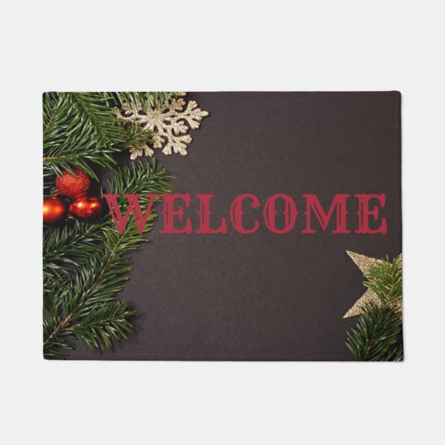 Felpudo Bolas de Navidad, Ramas de Pino ,Bienvenidos (Anverso)