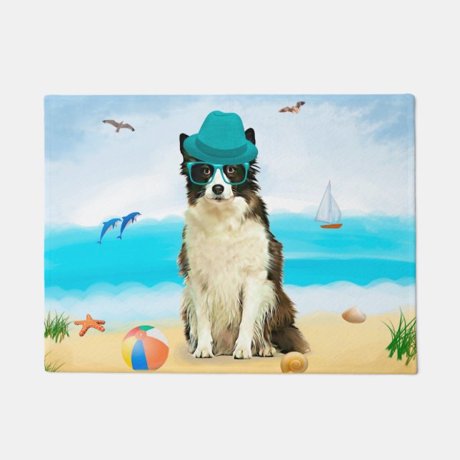 Felpudo Borde de Perro Collie en la playa (Anverso)
