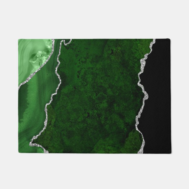 Felpudo Bosque Glamuroso Verde Mármol Chic Brillo Plateado (Anverso)