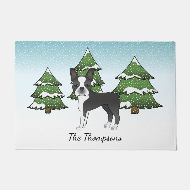 Felpudo Boston Terrier Negro en un Bosque Invernal & Nombr (Anverso)
