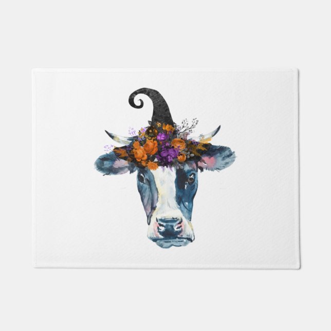 Felpudo Bruja de Halloween blanco negro vaca (Anverso)