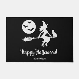 Felpudo Bruja En Una Escoba Negro Y Blanco Feliz Halloween