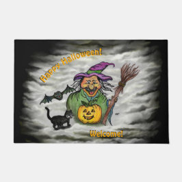 Felpudo Bruja, gato, murciélago y calabaza, ¡Feliz Hallowe