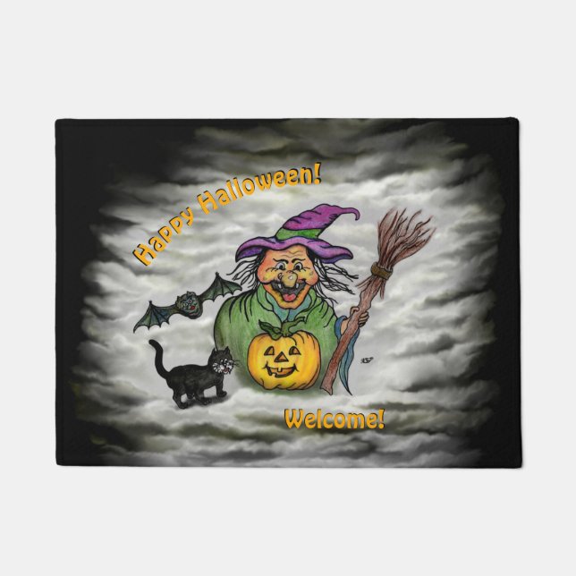 Felpudo Bruja, gato, murciélago y calabaza, ¡Feliz Hallowe (Anverso)