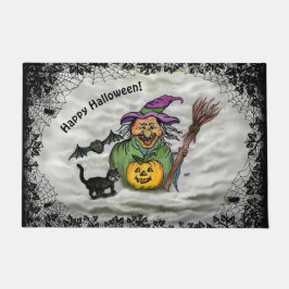 Felpudo Bruja, gato, murciélago y calabaza, ¡Feliz Hallowe
