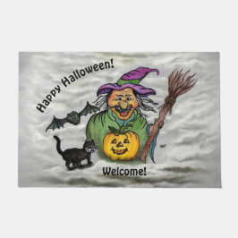 Felpudo Bruja, gato, murciélago y calabaza, ¡Feliz Hallowe