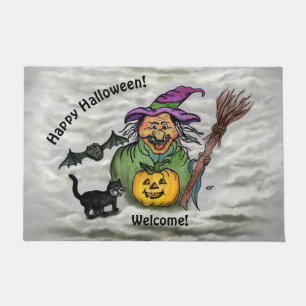 Felpudo Bruja, gato, murciélago y calabaza, ¡Feliz Hallowe