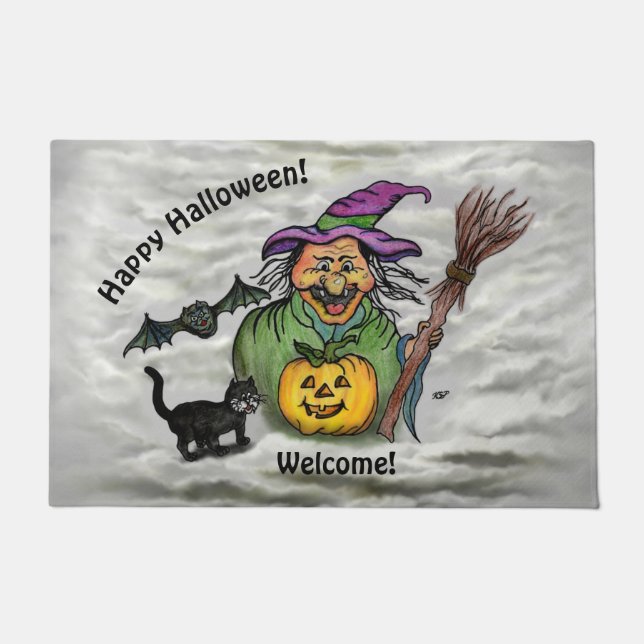 Felpudo Bruja, gato, murciélago y calabaza, ¡Feliz Hallowe (Anverso)