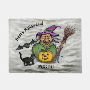 Felpudo Bruja, gato, murciélago y calabaza, ¡Feliz Hallowe
