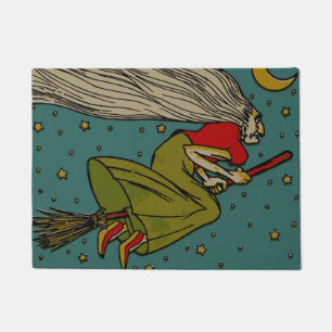 Felpudo Bruja malvada de Halloween vintage volando en esco