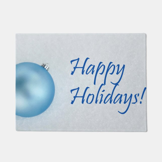 Felpudo Buenas fiestas ornamento azul del navidad (Anverso)