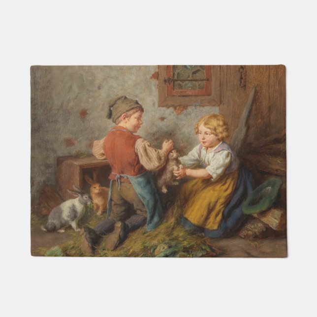 Felpudo Buenos Amigos (Jóvenes Jugando Con Conejo Mascota) (Anverso)